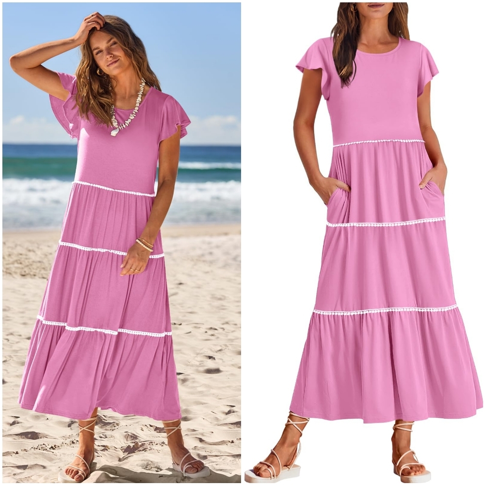 NWT Merokeety Pink Flutter Sleeve Crochet Crew Flowy Tiered Shirt Dress Maxi M